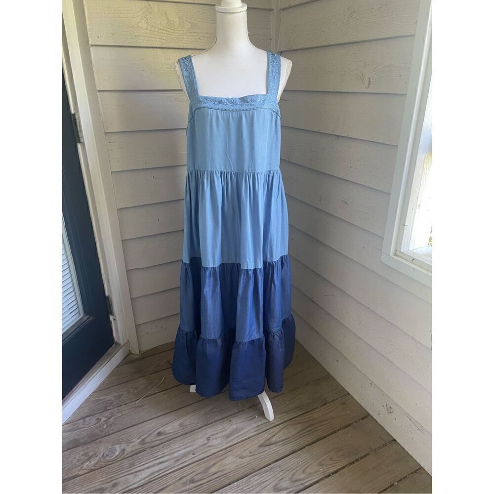 Kate Spade Broome Street Chambrey Midi Dress XL Blue Smocked Tiered Flowy - Picture 9 of 11